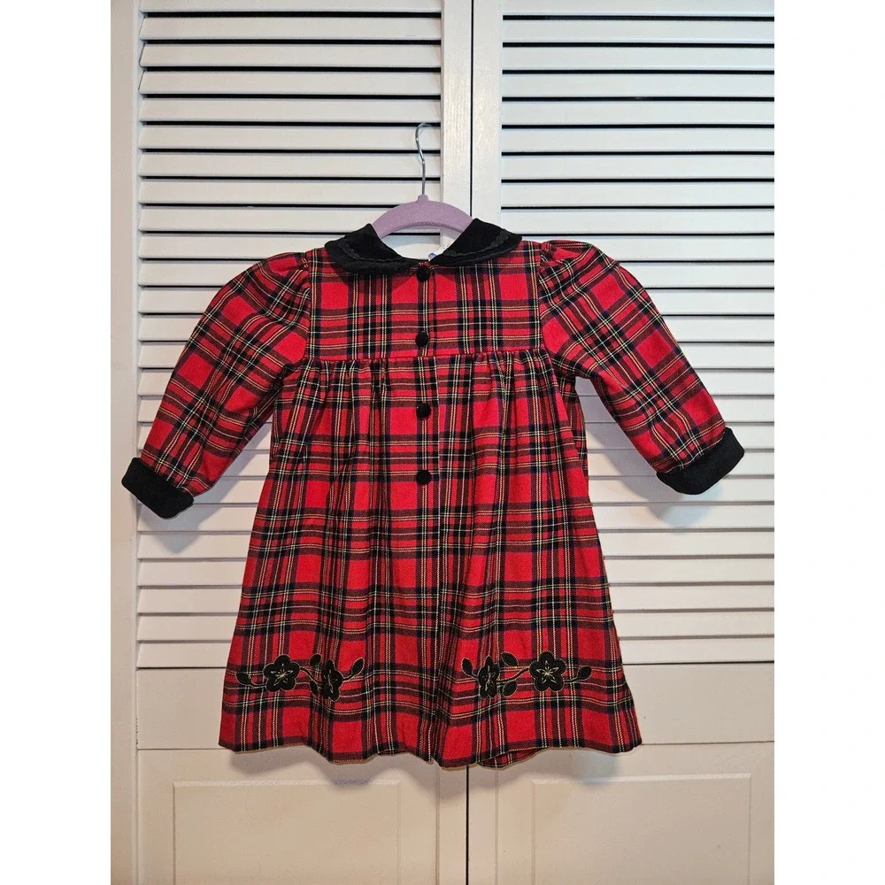 Vint Little Billy Red Plaid Holiday Dress Set Velvet Trim Floral Embroidery 24M